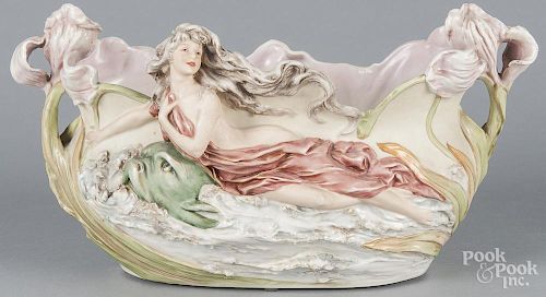 Royal Dux art noveau porcelain centerpiece bowl, early 20th c., with a maiden riding a wave of fish