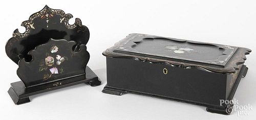 Victorian black lacquer lap desk, 4'' h., 11'' w., and letter holder, 7'' h., 7 1/2'' w.