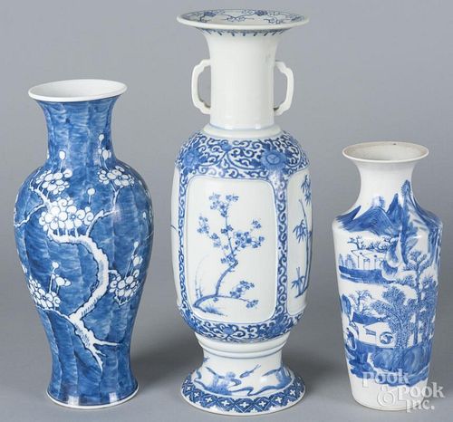 Three export porcelain vases, early 20th c., 10'' h., 12 1/2'' h., and 15 1/4'' h.
