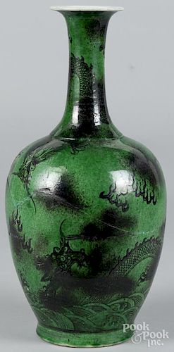 Chinese green and black porcelain vase with a Kangxi mark and probably of the period, 17'' h.