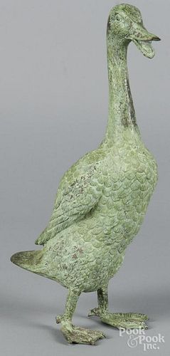 Patinated bronze duck, 16'' h.