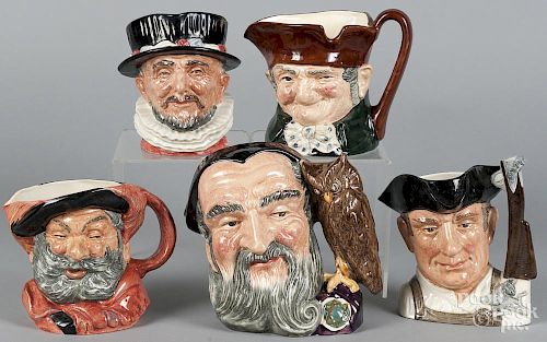 Five Royal Doulton Toby mugs, to include Gunsmith, Falstaff, Merlin, Beefeater, and Old Charley