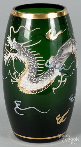 Emerald glass vase with enamel dragon decoration, 8 3/4'' h.