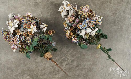 Pair of beadwork floral bouquets, 19'' h.
