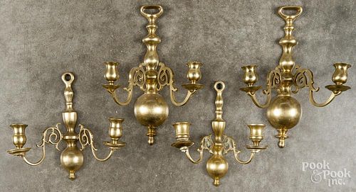 Four pairs of brass sconces, together with two singles, tallest -14 1/2''.