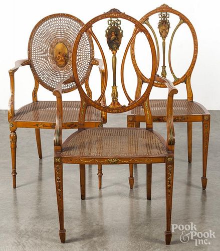 Three Adam's style cane seat chairs, ca. 1900.