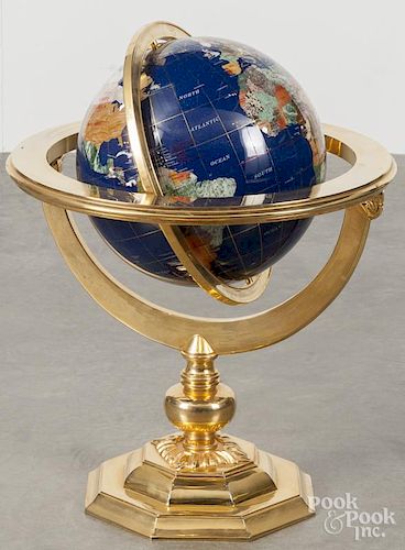 Brass globe with gemstone inlays, 26'' h.