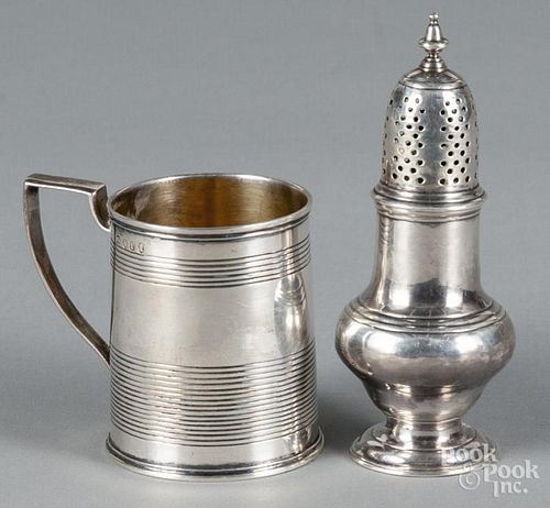 English silver child's mug, 2 3/4'' h., and shaker, 5'' h., 6.3 ozt.