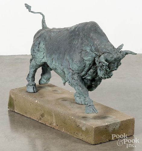 Shane Stratton (American 20th/21st c.), abstract bronze sculpture of a bull on a concrete base