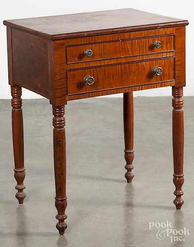 Sheraton walnut and tiger maple two-drawer stand, ca. 1830, 29'' h., 22'' w.
