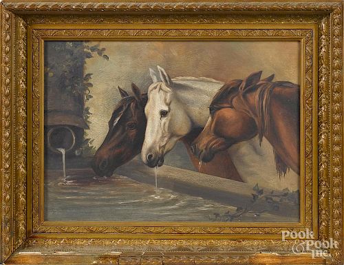 Oil on canvas of three horses drinking from a trough, ca. 1900, 11'' x 15''.