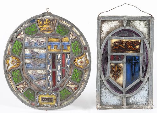 Two English stained glass panels, 19th c. or earlier, 12'' x 7 1/2'' and 12 1/2'' x 11 1/2''.