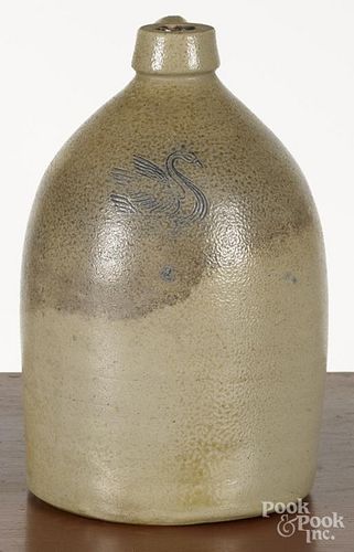 Maine stoneware jug, 19th c., with cobalt incised swan decoration, 11 1/2'' h.