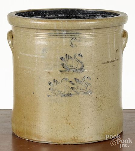 Maine six-gallon stoneware crock, 19th c., with three cobalt incised swans, 13 1/4'' h.
