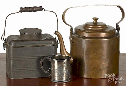 Copper tea kettle, 19th c., together with a tin lunch pail and a silver-plated mug.