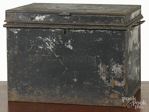 Tin valuables box, early 19th c., stenciled Isaac Norris, 13'' h., 17 1/4'' w.