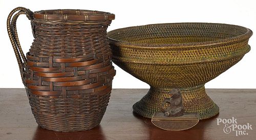 Large painted basketry compote, 19th c., 8'' h., 15 1/4'' dia., together with a woven basketry pitcher
