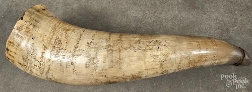 Scrimshaw powder horn with later engraving of New York towns, lakes, and rivers