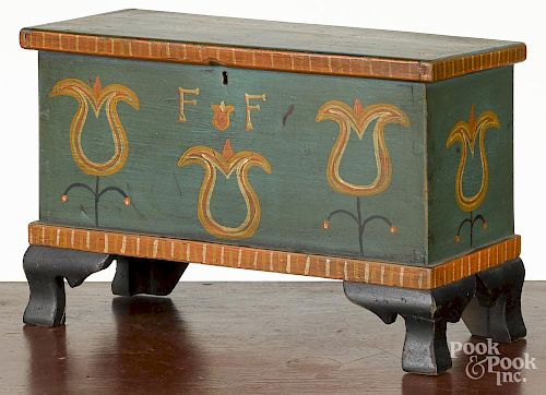 Miniature painted poplar blanket chest, 19th c., with a contemporary green surface with tulips