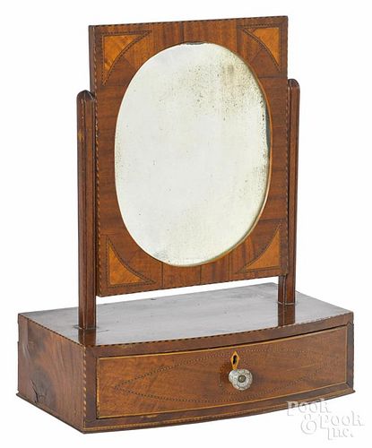Federal mahogany and maple shaving mirror, early 19th c., with barber pole inlaid edges, 18'' h.