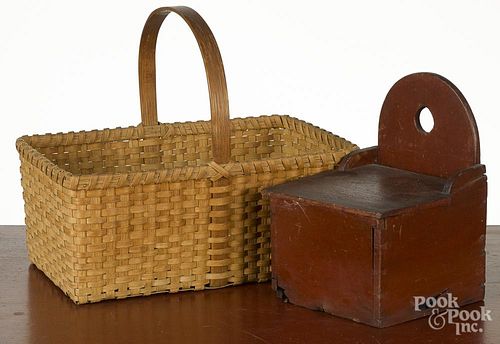 Splint gathering basket, 19th c., 13'' h., 15'' w., together with a painted pine hanging salt box
