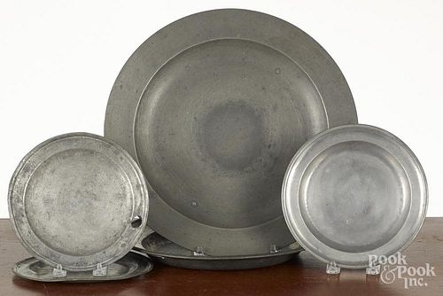 Five pieces of English pewter, 19th c., to include three bearing touchmarks of Townsend and Compton