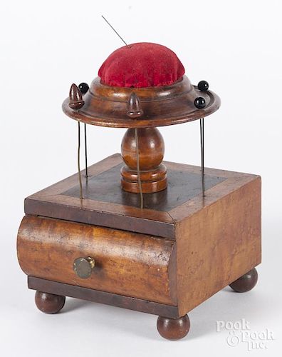 Bird's-eye maple sewing stand, ca. 1840, 7 1/2'' h., 5'' w.