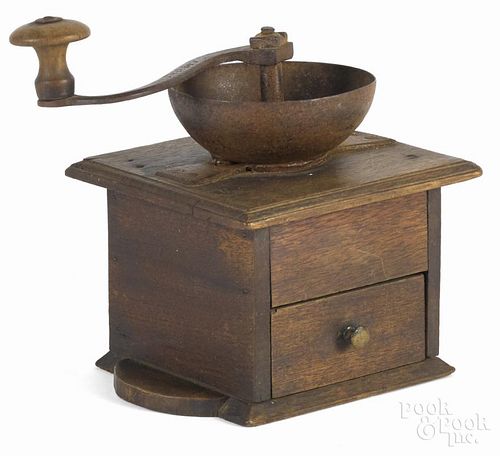 Walnut coffee mill, 19th c., stamped A. Meyerle, 9'' h.