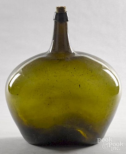 Squat olive green demijohn, 17 1/2'' h.