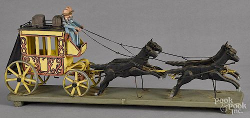 Carved and painted horse drawn stagecoach, mid 20th c., 31 1/2'' l.