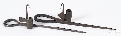 Two wrought iron sticking tommy candle holders, 19th c., 12'' l.