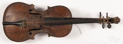 Tiger maple violin with carved lion scroll, 19th c., having a one-piece back, overall - 23 3/4'' l.