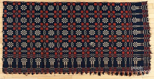 Collection of woven coverlets, mid 19th c., together with coverlet panels and fabric.
