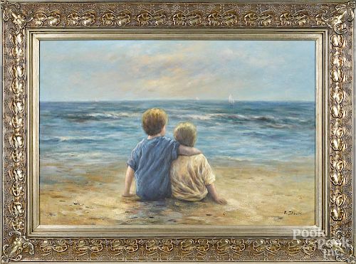 American oil on canvas of two children at the beach, 20th c., signed B. Irwin, 24'' x 36''.