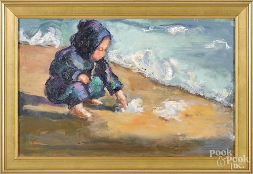 Susan Egan (American 20th c.), oil on board of a child at the beach, signed lower left