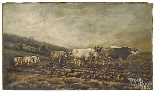 American oil on canvas landscape, late 19th c., depicting men plowing a field, initialed