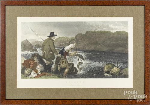 Color lithograph, after Ansdell, titled Fishing, 13 1/2'' x 25 1/2''.