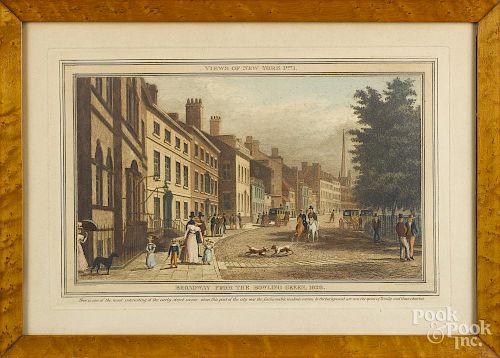 Color engraving, after Bennett, titled Broadway From the Bowling Green 1828, 10'' x 16''.