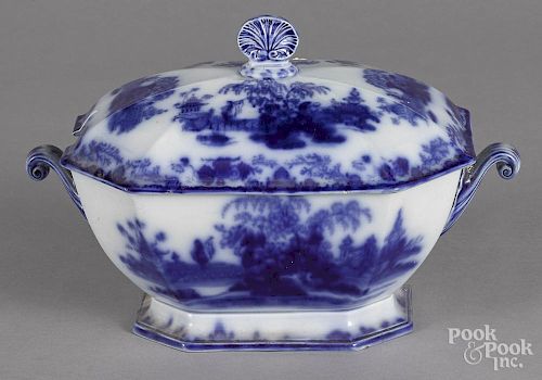 Flow blue Scinde pattern tureen, by Alcock, 9'' h., 14'' w.