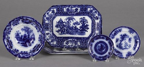 Pair of flow blue Kyber undertrays, 7 1/2'' l., 10'' w., together with a Scinde serving bowl