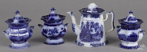 Flow blue Pelew coffee pot, 19th c., 8 1/2'' h., together with three covered sugars.