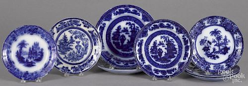 Eight flow blue plates, 19th c., of various patterns, to include Shapoo, Temple, etc.