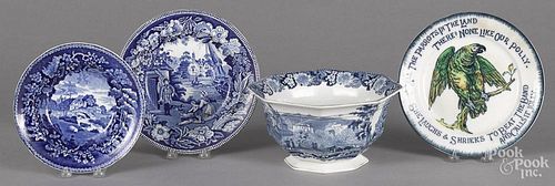 Blue Staffordshire Italian scenery bowl, 19th c., 5 1/4'' h., 10'' dia., together with two plates