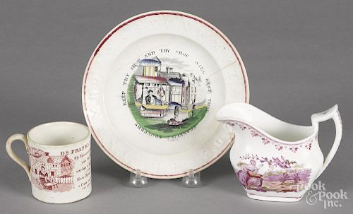 Franklin's Proverbs ABC plate, 7'' dia., together with a child's cup and a lustre creamer.