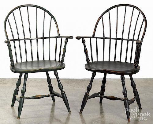 Two custom painted sackback Windsor chairs, branded PMM.