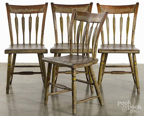 Set of four Chester County, Pennsylvania painted plank bottom chairs, 19th c.