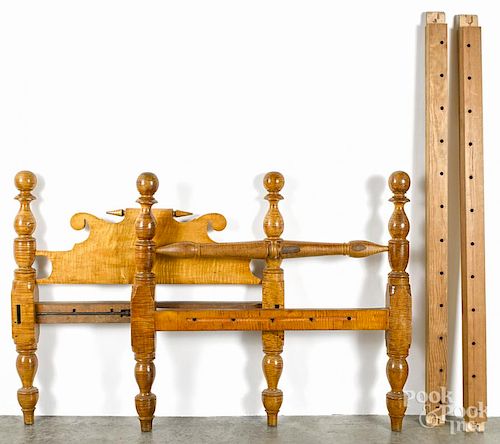 Sheraton tiger maple cannonball bed, 19th c., 48'' h., 51'' w., 80'' d.