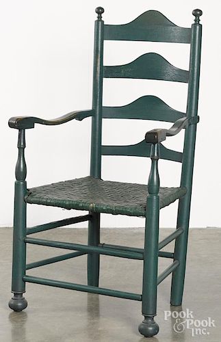 Delaware Valley painted ladderback armchair, late 18th c., retaining a later green surface.