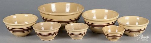 Assembled nest of seven yelloware mixing bowls, ca. 1900, largest - 5 1/2'' h., 12 1/2'' dia.