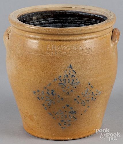 Pennsylvania two-gallon stoneware crock, 19th c., inscribed F. H. Cowden Harrisburg